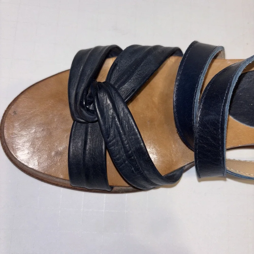 FIRST LADY BOOTERY Vintage Navy Leather Wedge Sandals Slingbacks Italy Sz 38